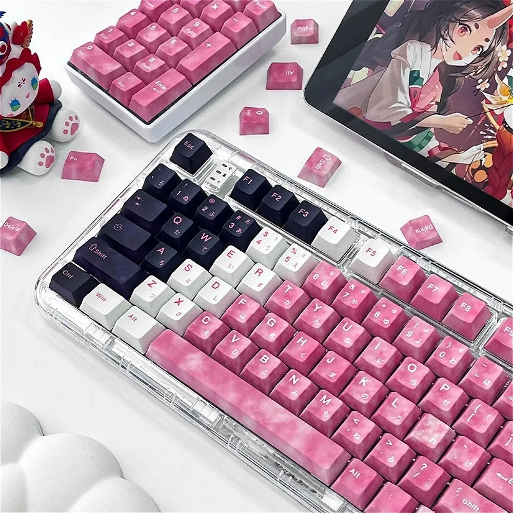 Keycaps, small full set, cherry PBT black and white powder theme, suitable for MX switch 60/84/90/104/108 mechanical keyboard