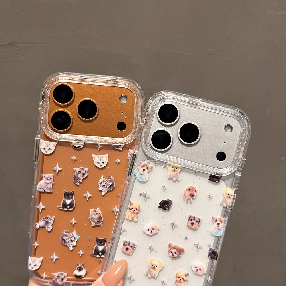 Niedliche Welpen-Cartoon-Kätzchen-Glitzer-Sternen-Transparente Hülle für iPhone 16 17Pro 13 14 15 18 Promax Stoßfeste Schutzhülle – Detail 17