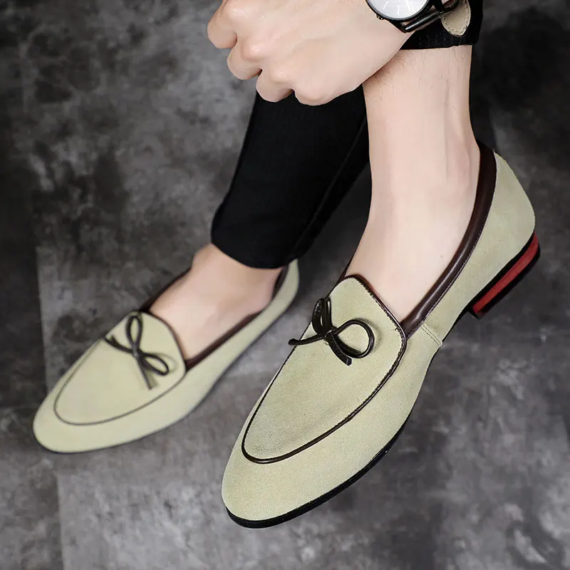 Cow Suede Loafers for Men Bowknot  Round Toe  Slip-On Fashion Business Handmade Men's Shoes 