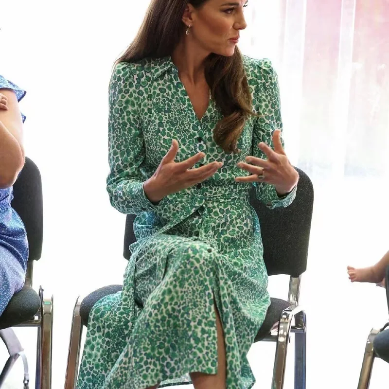 Kate princess green leopard print women dress fashion long sleeve A-Line dresses