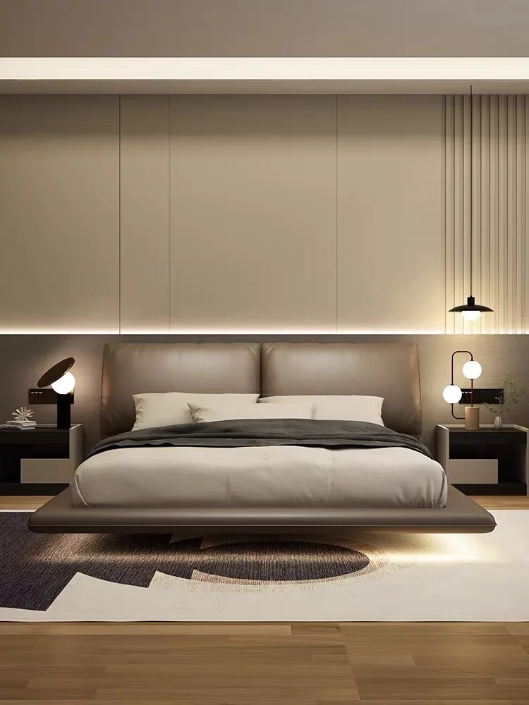 

Suspended leather bed Italian elephant ears master bedroom queen bed modern simple light luxury double bed cat scratch