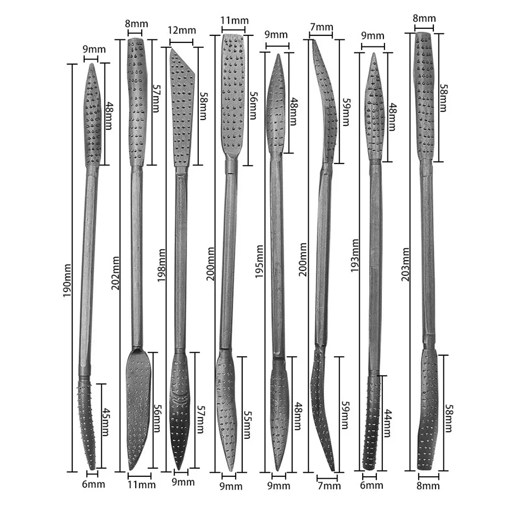 8pcs Coarse Riffler Files Carbon Steel Curved Double Ended Wood Rasp File Set Woodworking Carving High Quality