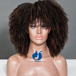 Amethyst Highlight Afro Kinky Curly Human Hair Bang Wig with Scalp Top Full Machine Made Wig Brazilian Remy Coily Texture Bob