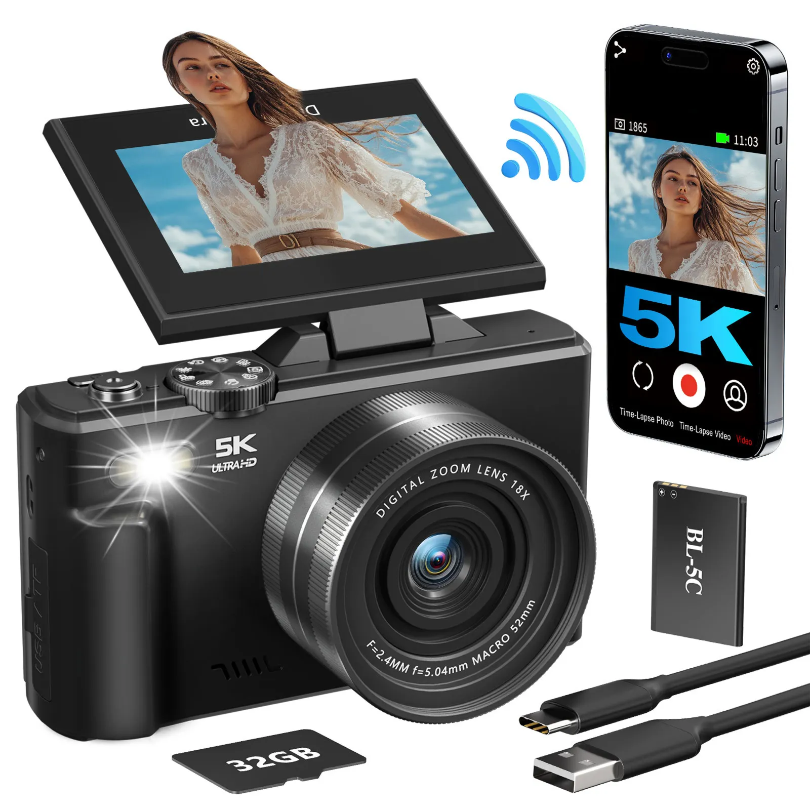 Câmera digital WiFi 5K 75MP para fotografia e vlogging do YouTube - 3" 180 °   Tela flip, zoom 18X, autofoco UHD, viagem compacta
