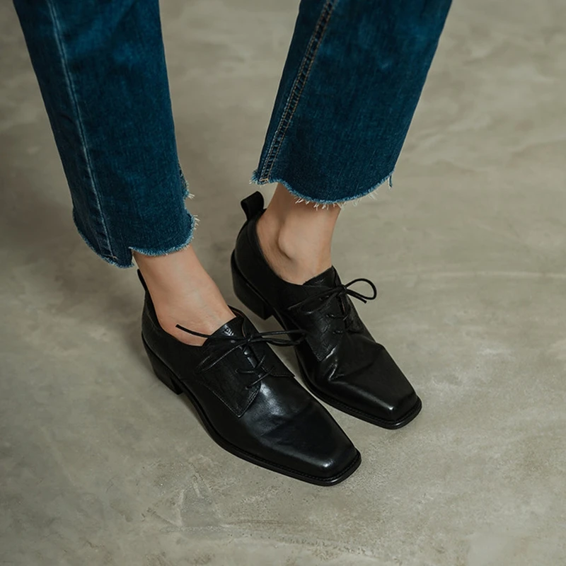 NEW Spring/Autumn Women Loafers Genuine Leather Shoes for Women Square Toe Chunky Heel Shoes Retro Lace-up High Heel Daily Shoes