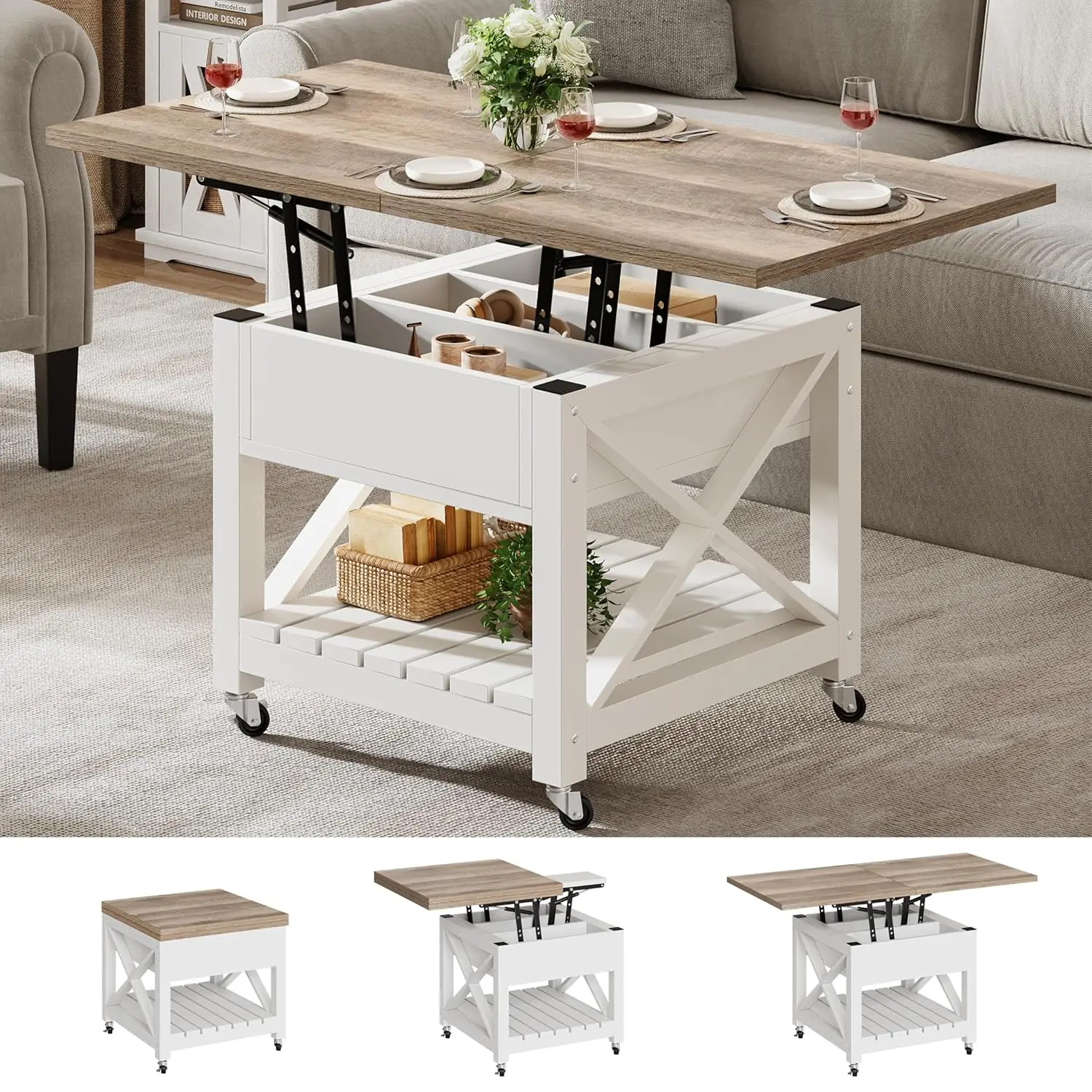 

Lift Top Coffee Table with Wheels, Farmhouse Square Coffee Tables for Living Room, 2 Tier Small Coffee Table, Customized