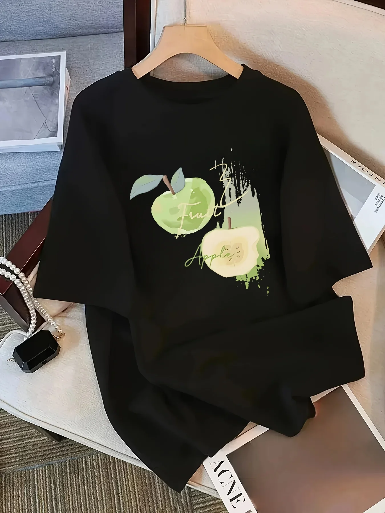 

Женская футболка больших размеров с простым рисунком яблока, дышащая из чистого хлопка, модная и универсальная уличная одежда унисекс большого размера