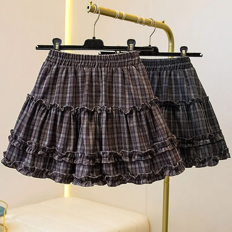 plus Size Women's Autumn Fashion Slimming Puffy Loose Anti-Light Short Skirt High Waist Plaid Cake Half Body Skirt