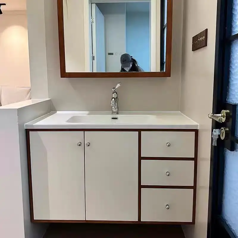 New and vintage cream double color matching multi-layer solid wood bathroom cabinet ceramic all-in-one bathroom combination