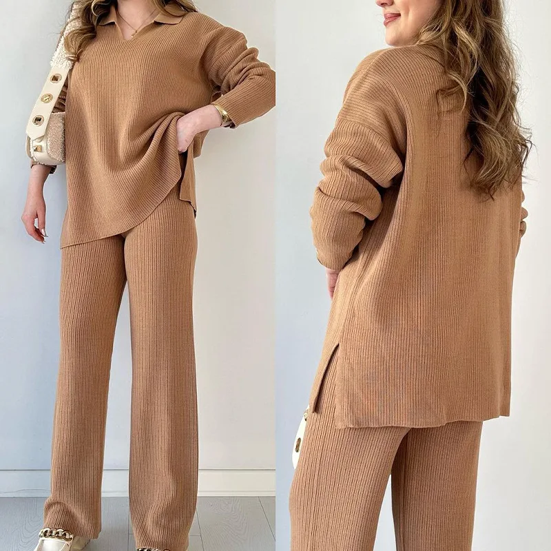 2024 Women\'s Knitted Pullover Sets 2PCS Solid V Neck Hem Split Loose Top + Set Wide Leg Pants Two Pcs Outfit Female Oversized