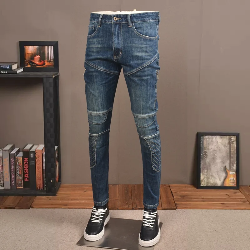 Streetwear Fashion Men Jeans Retro Blue Stretch Slim Fit Spliced Designer Biker Jeans Homme Hip Hop Pants Men Patched Trousers