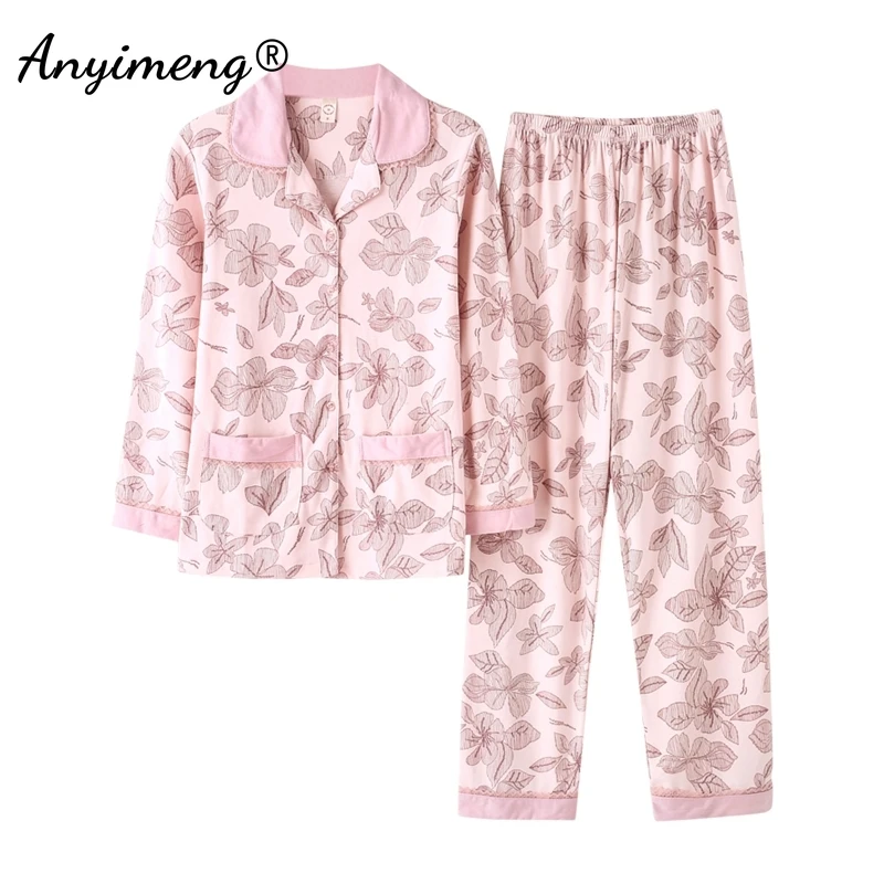 Cotton Pajamas for Women Autumn Winter Long Sleeves Pajama for Girl Floral Print Cadigan Sleepwear Fashion Loungewear Pyjamas