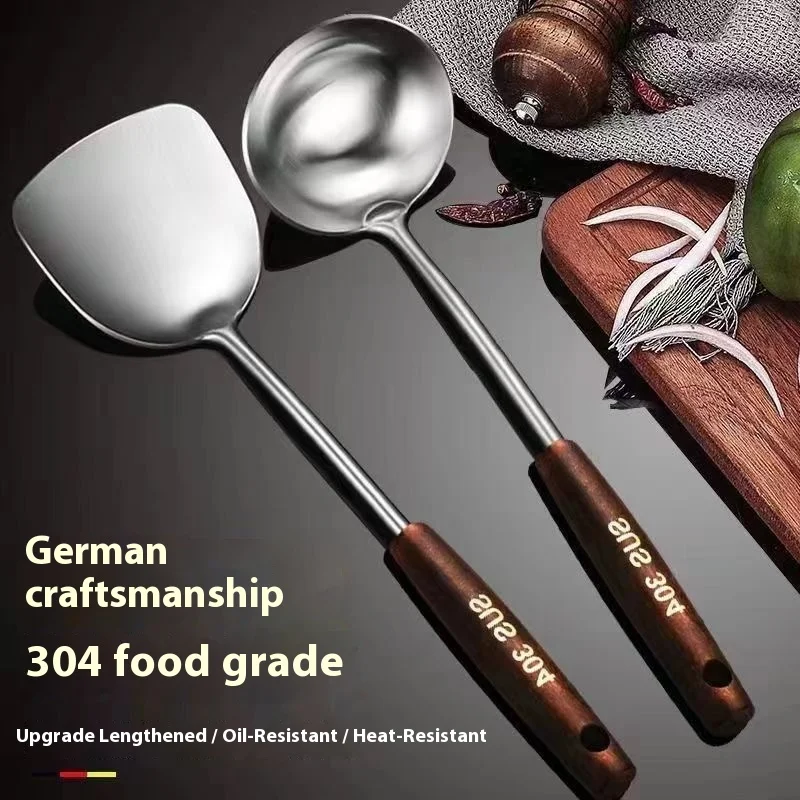 

Premium 304 Stainless Steel Thickened Kitchen Utensils Set with Wood Handle - Stir-Fry Spatula Fry Pan Spoon