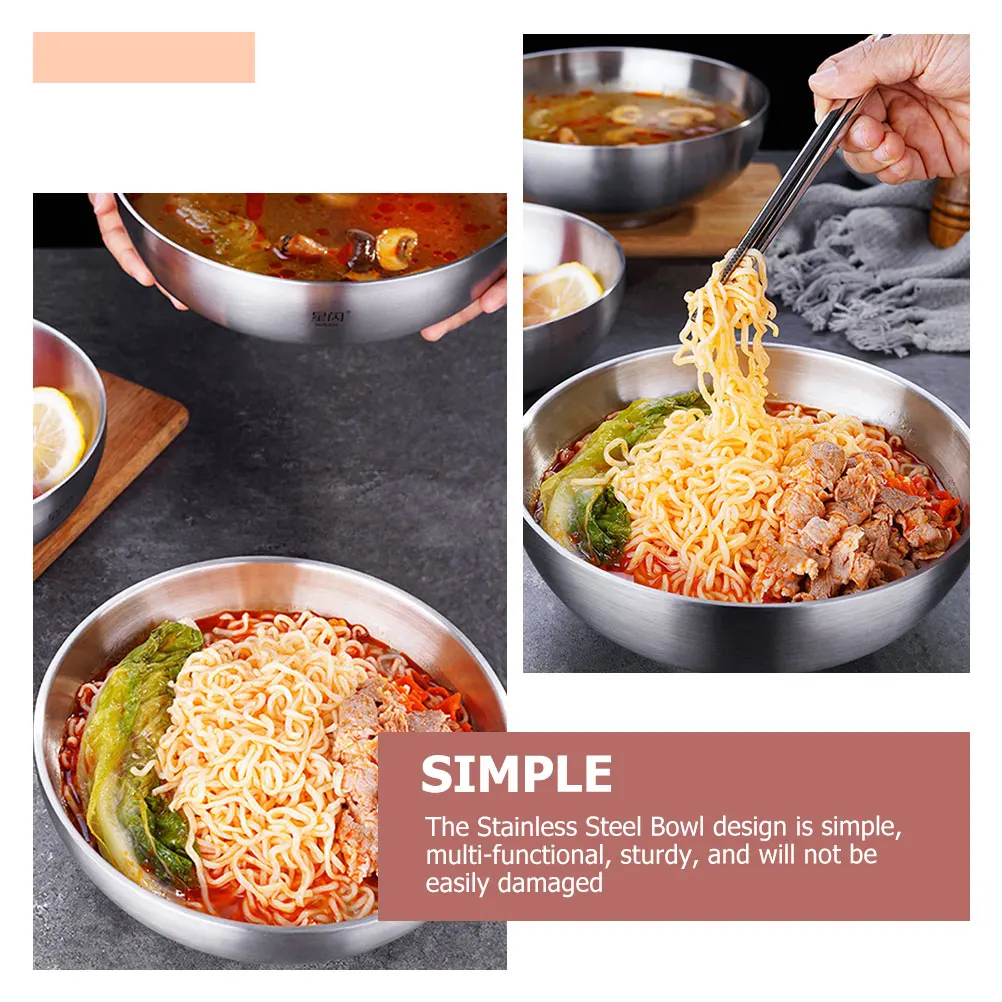 

Stainless Steel Bowl Microwave Safe Large Capacity Reusable Soup Noodle Bowls Wear Resistant Heat Compact Dishes Ramen Pasta