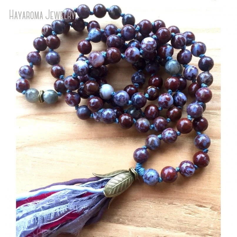 10Pcs 108 Japa Mala Saril Silk Tassel Necklace Fire Agate Labradorite Root Chakra Worry Beads Women Pendants Grunge Jewelry