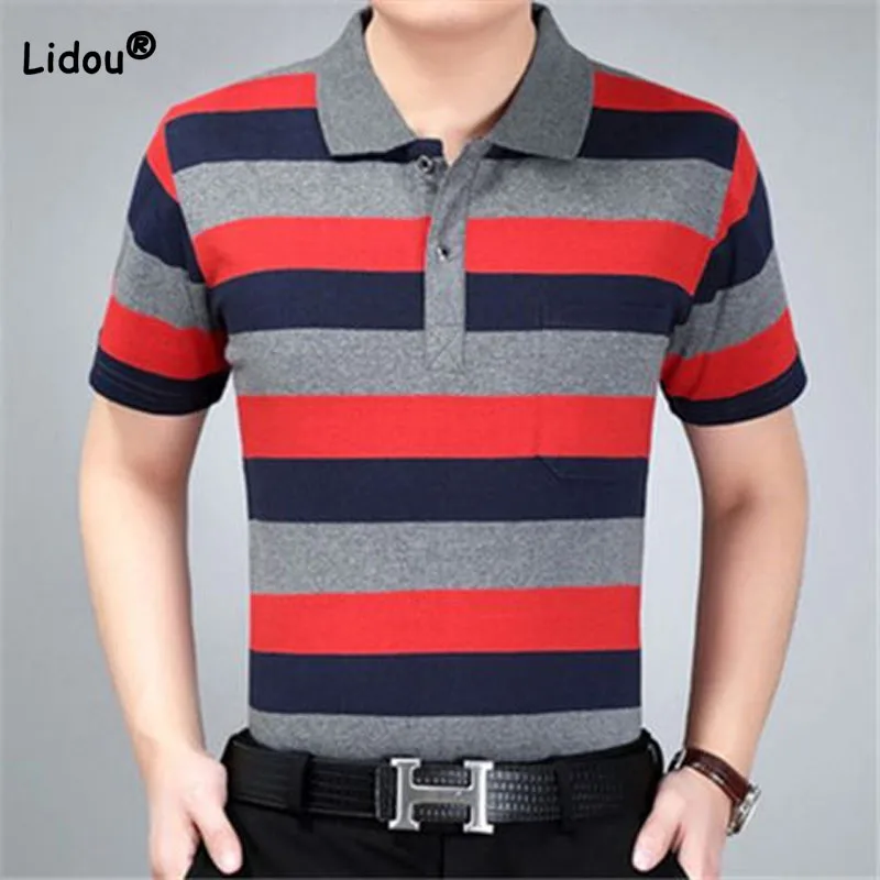 

Business Office Casual Striped Printing Polo Shirt Summer Clothes for Men Trend Classic All-match Male Short Sleeve T-shirt Tops