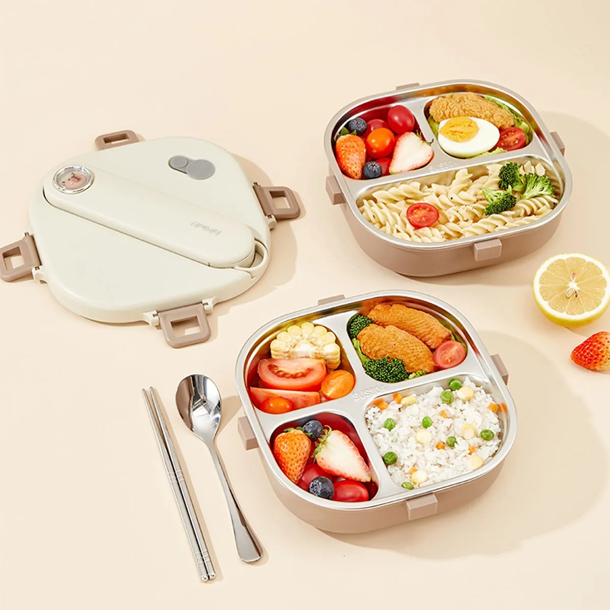Square 304 Stainless Steel Divided Lunch Box With Cutlery 3/4 Grids Leak-proof Large Capacity Lunch Container For Kids Students