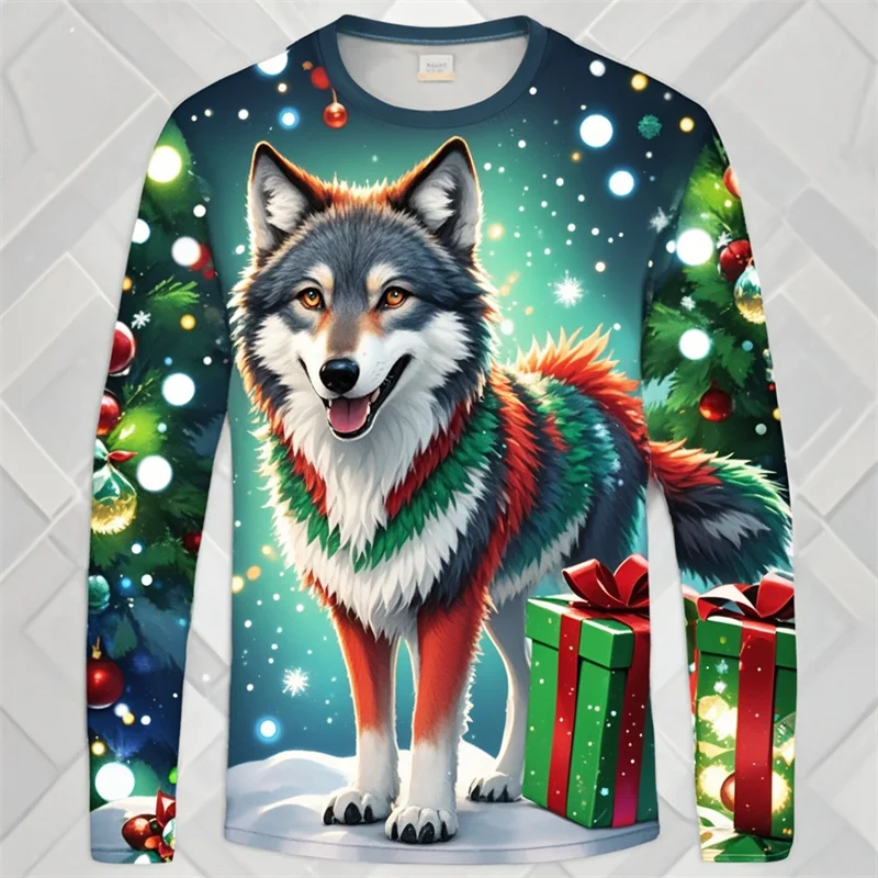 3D Christmas Raccoon T Shirts Fashion Printed Wolf Pattern 3D Long Sleeve T Shirt Men Kids Clothing Christmas Trees Unisex Tops