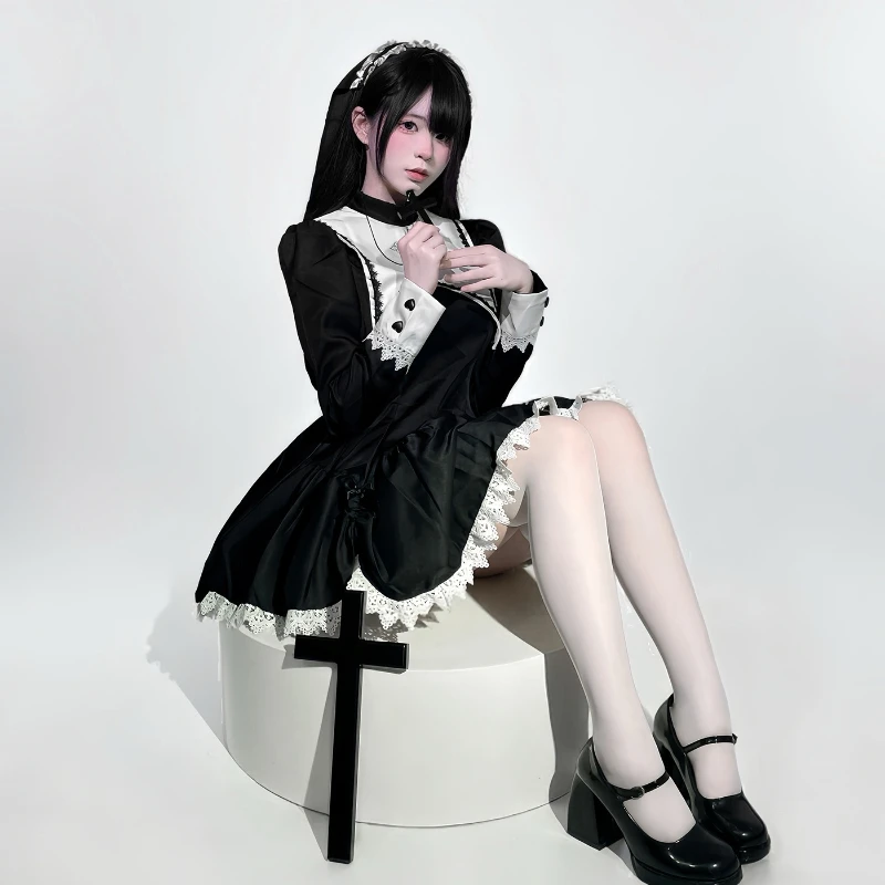 Nuevo disfraz de monja COS de Halloween: estilo oscuro dulce y fresco con cruz bordada, perfecto para ocasiones de actuación y subcultura