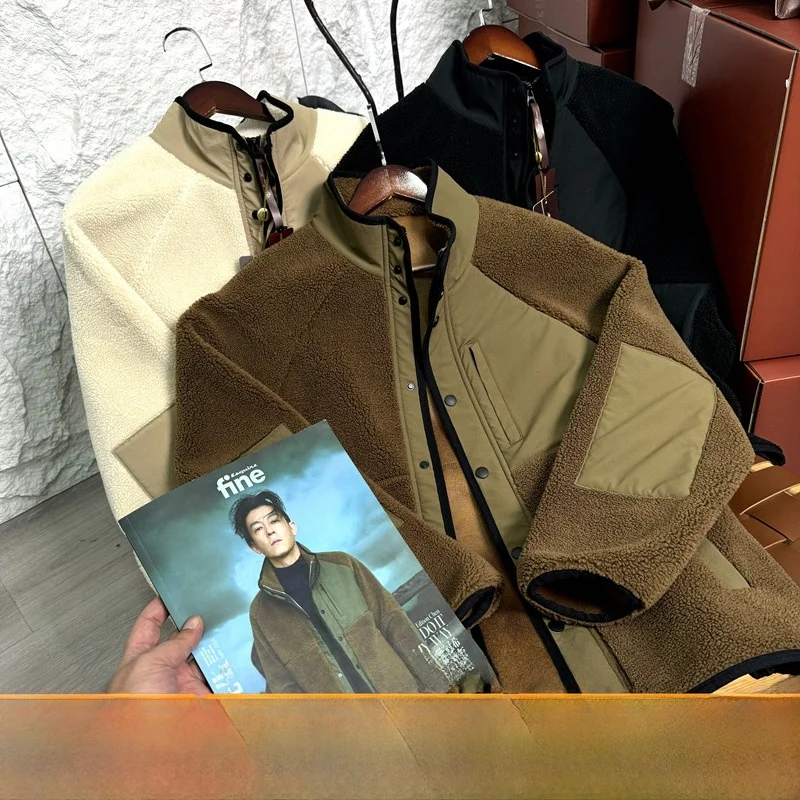 

Теплая модная куртка с воротником-стойкой из овечьего меха для мужчин, высококачественная молодежная верхняя одежда со стойкой, зимнее пальто