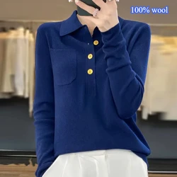 Women's Autumn and Winter 100% Wool New Style Button Long Sleeve Turndown Collar Knitted Sweater Office Ladies' Sweater