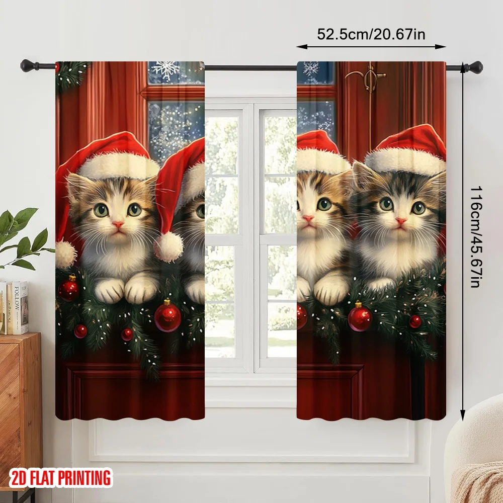 2pcs,2D plane printing Print Curtains Four Kittens Christmas Door Versatile Polyester Fabric (without rod) Outdoor Decorations