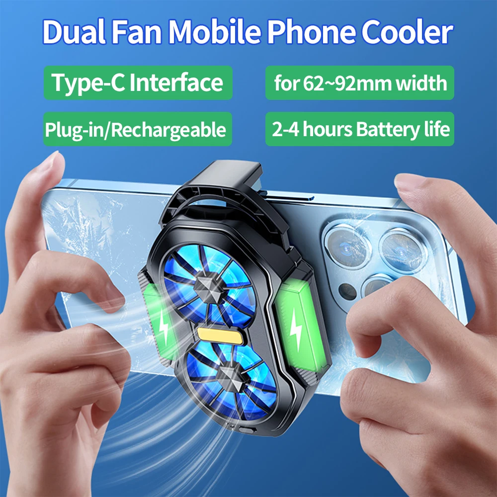 

Dual Fan Mobile Phone Cooler Plug-in/Rechargeable Portable Game Heat Sink Type-C Air Cooling for Android IOS PUBG Game Cooler