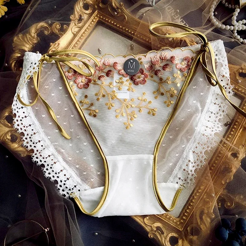 ヴィンテージレース下着女性のパンティー花柄シームレスブリーフローウエストメッシュ透明誘惑ブリーフ