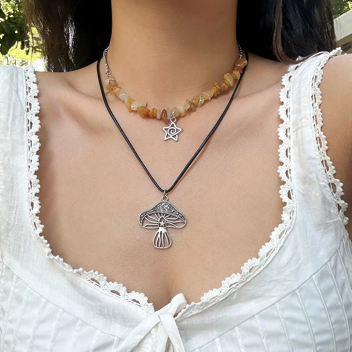 Necklace Turquoise Layered Wax Cord Choker Metal Mushroom Pendant Bohemian Vintage Irregular Beads Lightweight Durable