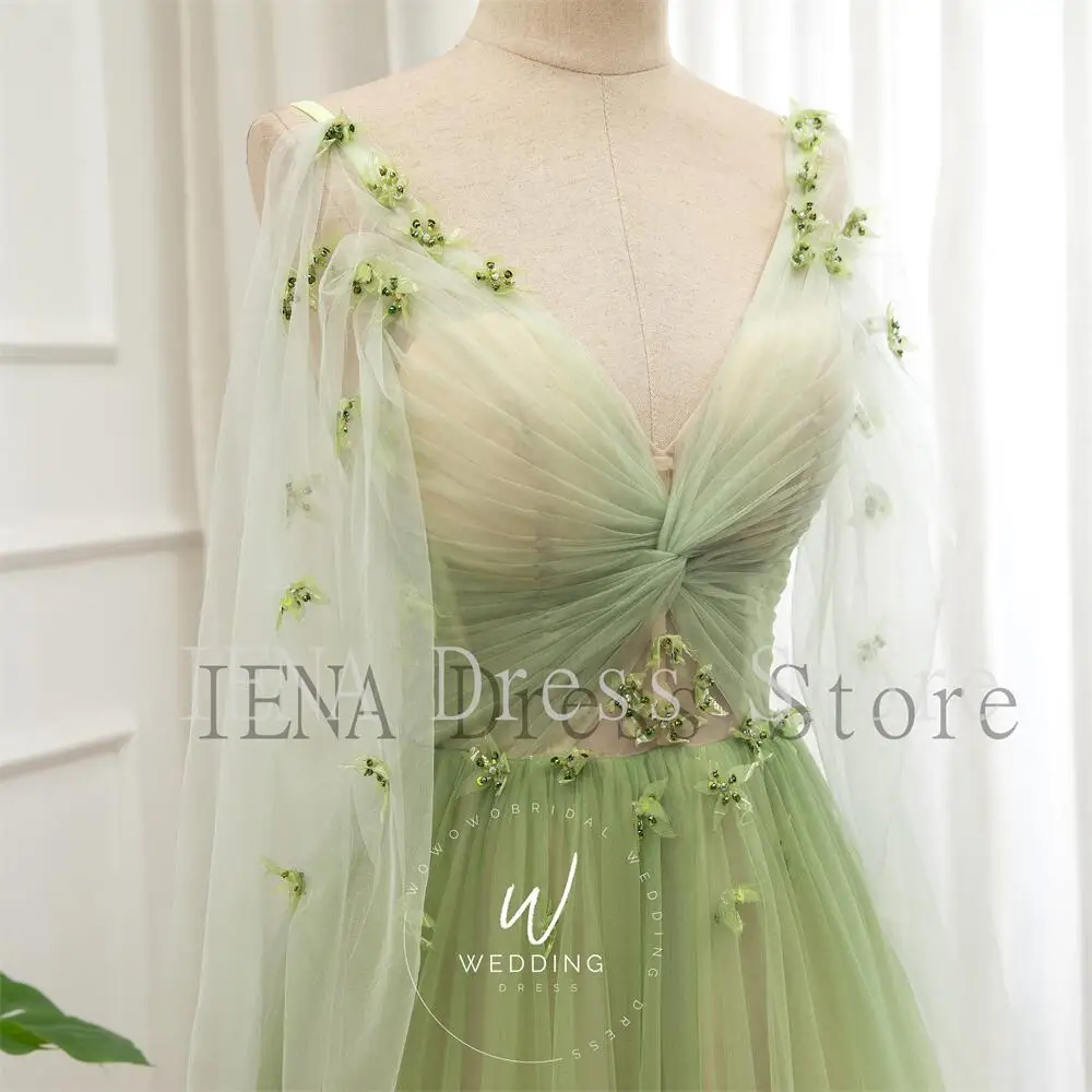 14678#Glitter Gradient Green Prom Dress Dreamy Party Dress Long Sleeve Graduation Gown Deep V Bridal Dress Elegant Evening Dress