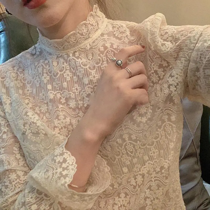 Elegant Lace Base Shirt Women's Half High Collar Layering Top Hollow out Beautiful Small Shirt Mesh Material Autumn Winter Fa...
