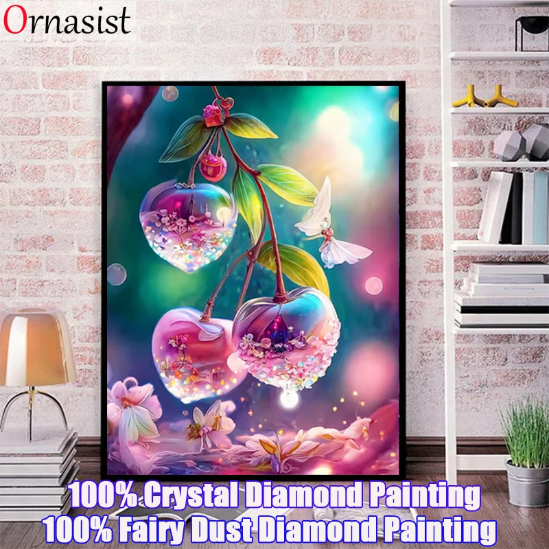 Pintura de diamante de fruta 5D DIY, taladro de polvo de hadas, cereza de fantasía, bordado de cristal completo, flor, decoración del hogar, costura de diamantes de imitación