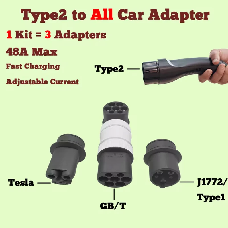 1 Kit = 3 Adapters ev charger adapter,Type2 to All Car(Tesla/Type1/J1772/GBT),32A Max,V2L fast charging