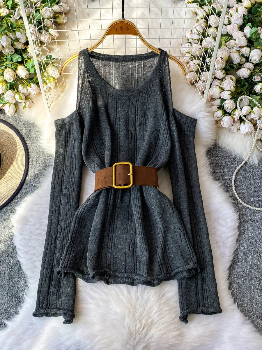 Foamlina Chic Elegant Off Shoulder Long Sleeve Knit Sweater With Waist Tie Design Women Fall Trendy Slim Fit Casual Top