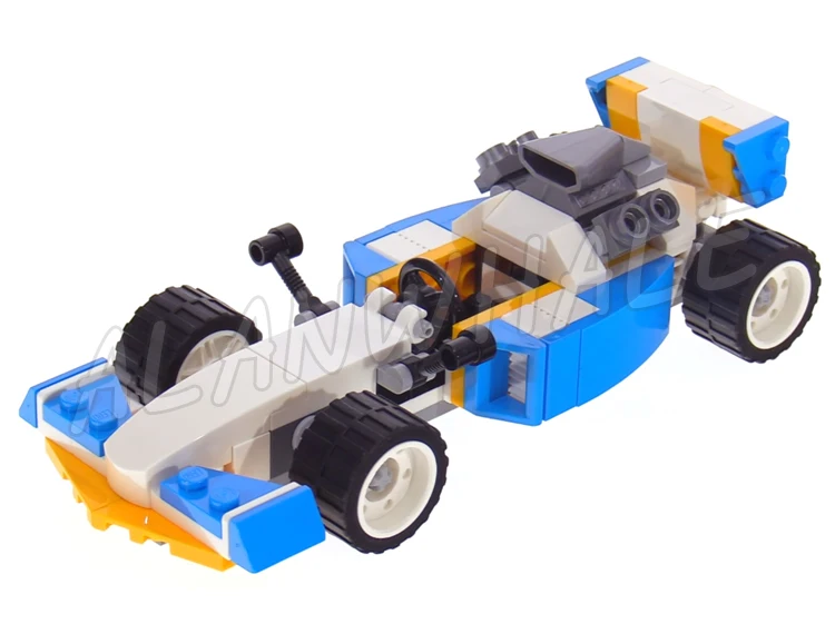 Brinquedo de Blocos de Construção Criativos, 3in 1, Motores Extremos, Carro de Corrida Azul Desportivo, Lancha Hot Rod 11043, Compatível com o Modelo, 109 Unidades