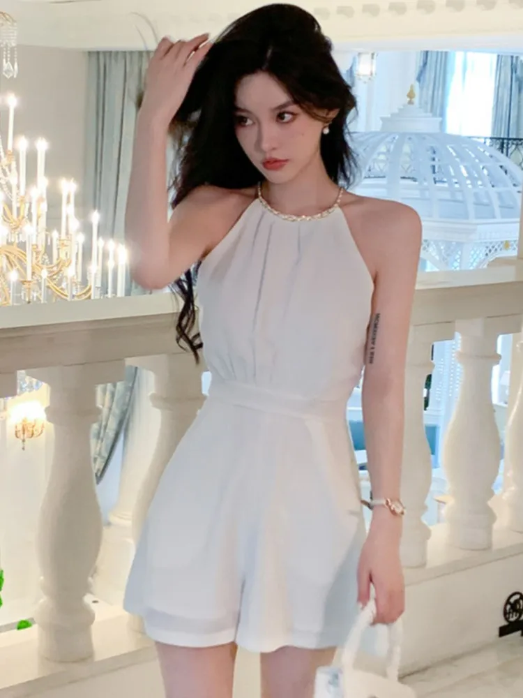 

Women White Short One Piece Jumpsuits Summer New Fashion Elegant Sexy Strap Sleeveless Female Mujer High Waist Slim Rompers