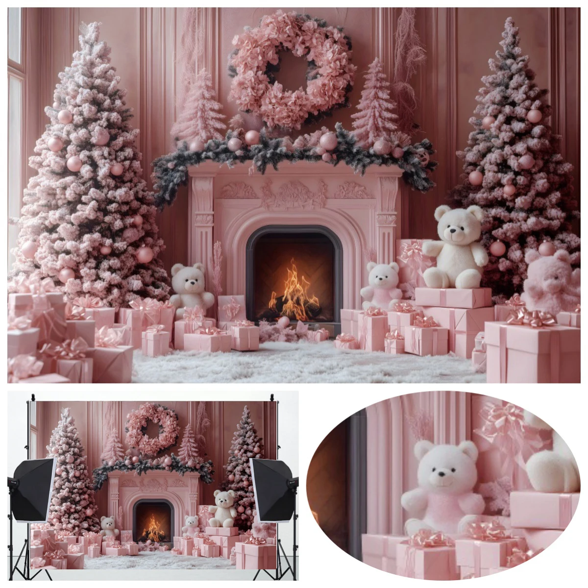 Pink Christmas Photography Backdrops Retro Palace Indoor Decoration Christmas Tree Bear Fireplace Kids Portrait Photo Background