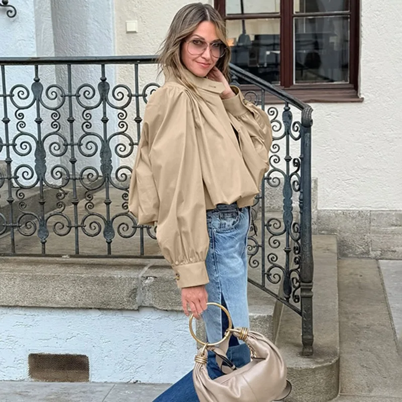 Talenza Women Autumn Shirt Jacket New Pleated Patchwork Loose Puff Sleeve Jackets Casual Streetwear Fashion Solid Female Coats