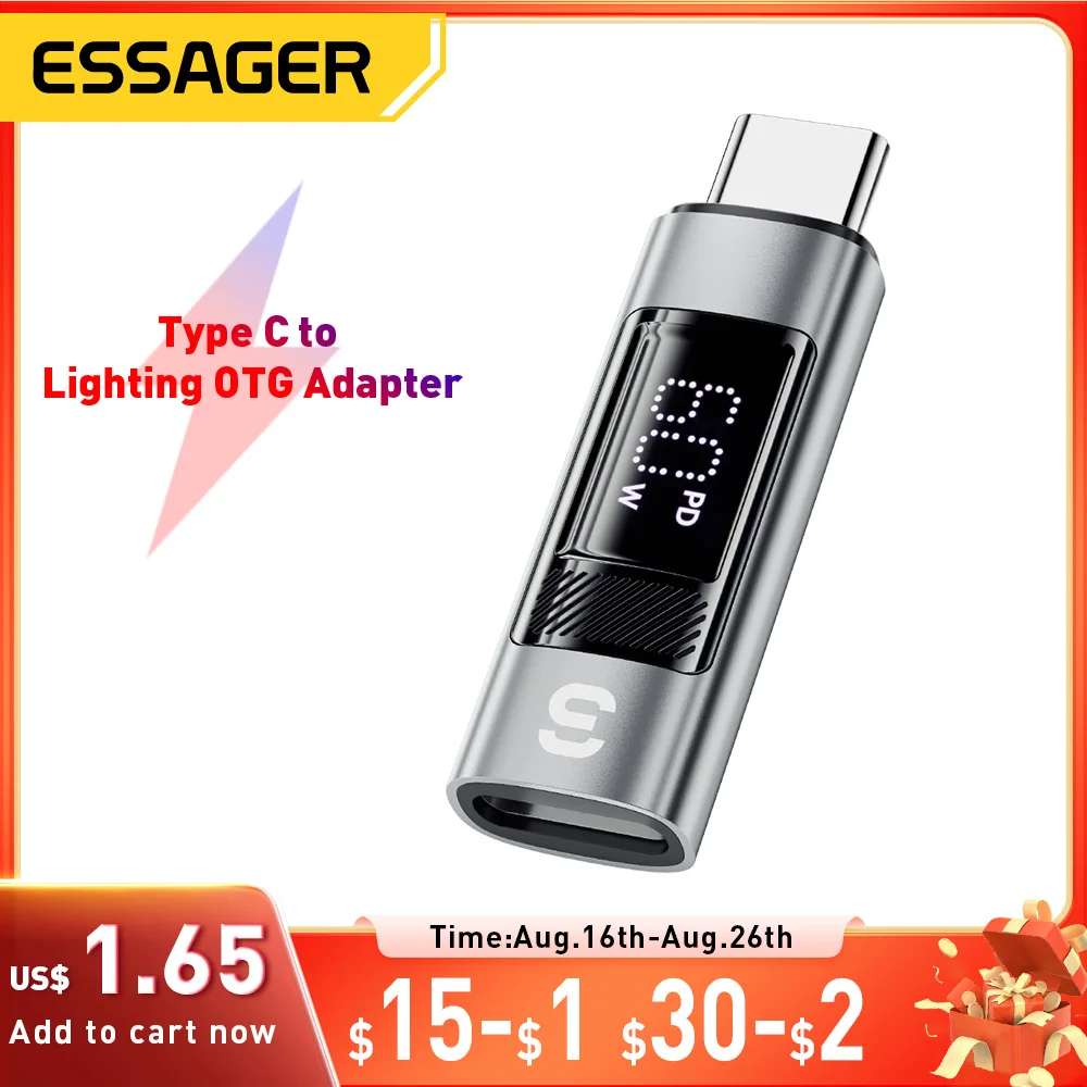Essager tipo c para iluminação otg adaptador display digital de carregamento rápido tipo-c fêmea para relâmpago conector macho para iphone 15 14