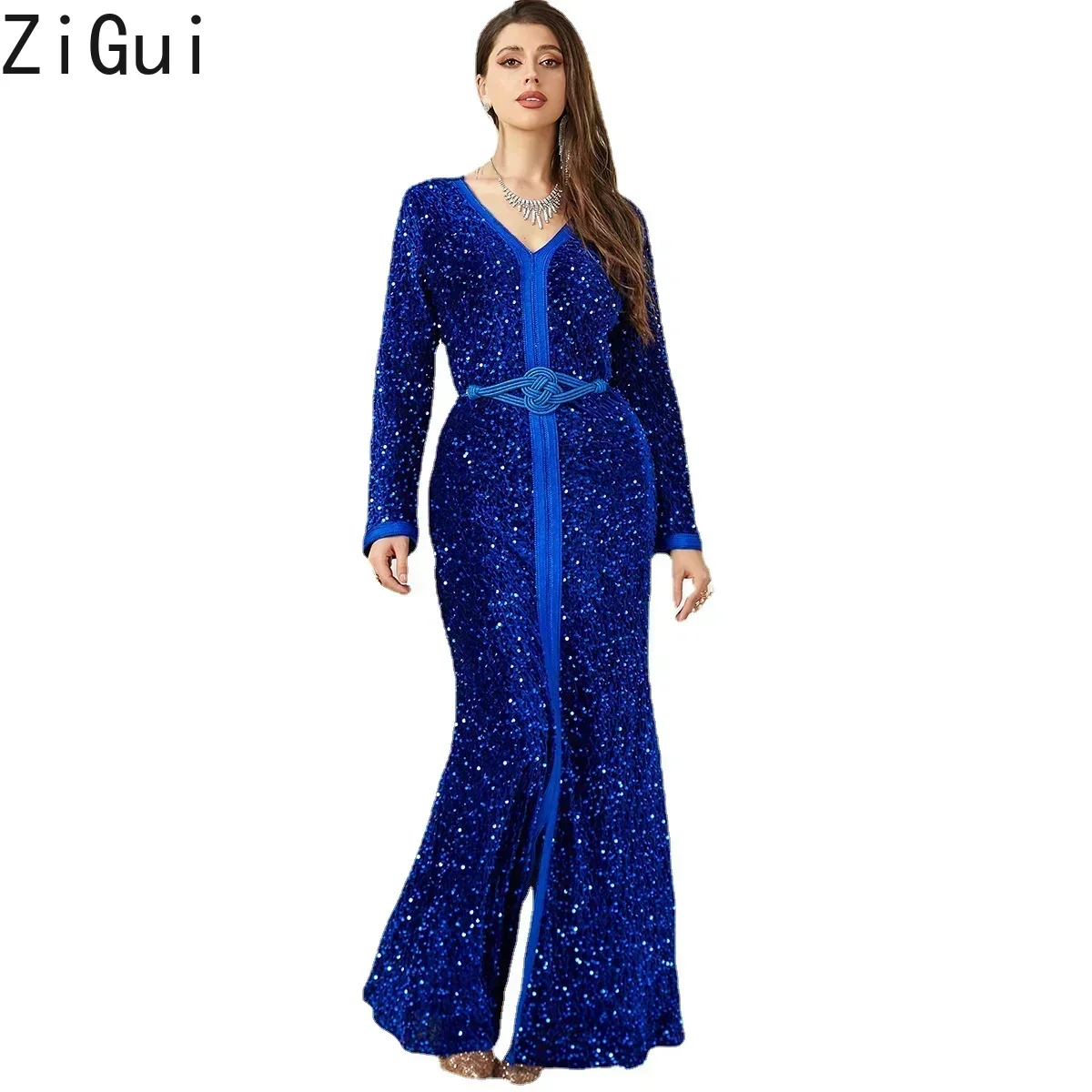 

Zigui Velvet Jalabiyat Muslim Party Kaftan Bling Sequin Blue Fish Tail Prom Gown Ramadan Middle East Dubai Arabic Dress Woman