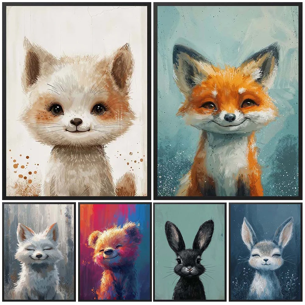 Nursery Animals Fox Pig Rabbit Cartoon Posters Wall Pictures For Living Room Decor Poster Wall Art Canvas Painting Unframed