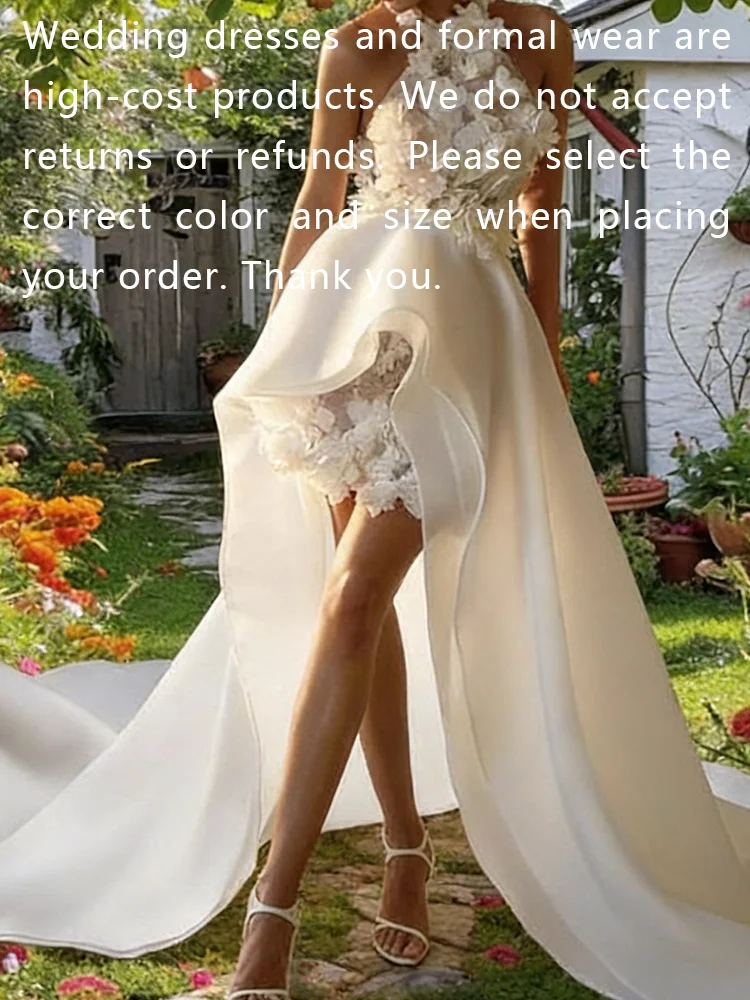 Robes de mariée trapèze élégantes, col licou, fleurs appliquées, sans manches, robes de mariée personnalisées