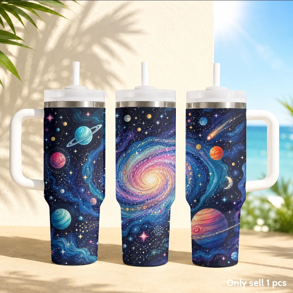 Nighttime starry sky planet Vacuum Flasks 40oz Stainless Steel Insulated Tumbler with Handle & Straw Leakproof Travel Mug