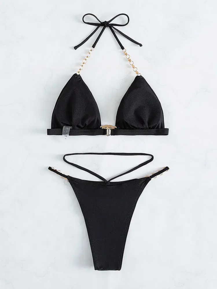 Sex Appeal Solid Color V-Neck Chain Triangle Sexy Bikini Beach Swimsuit Mini Micro Bikini Women Swim Clothing Sets