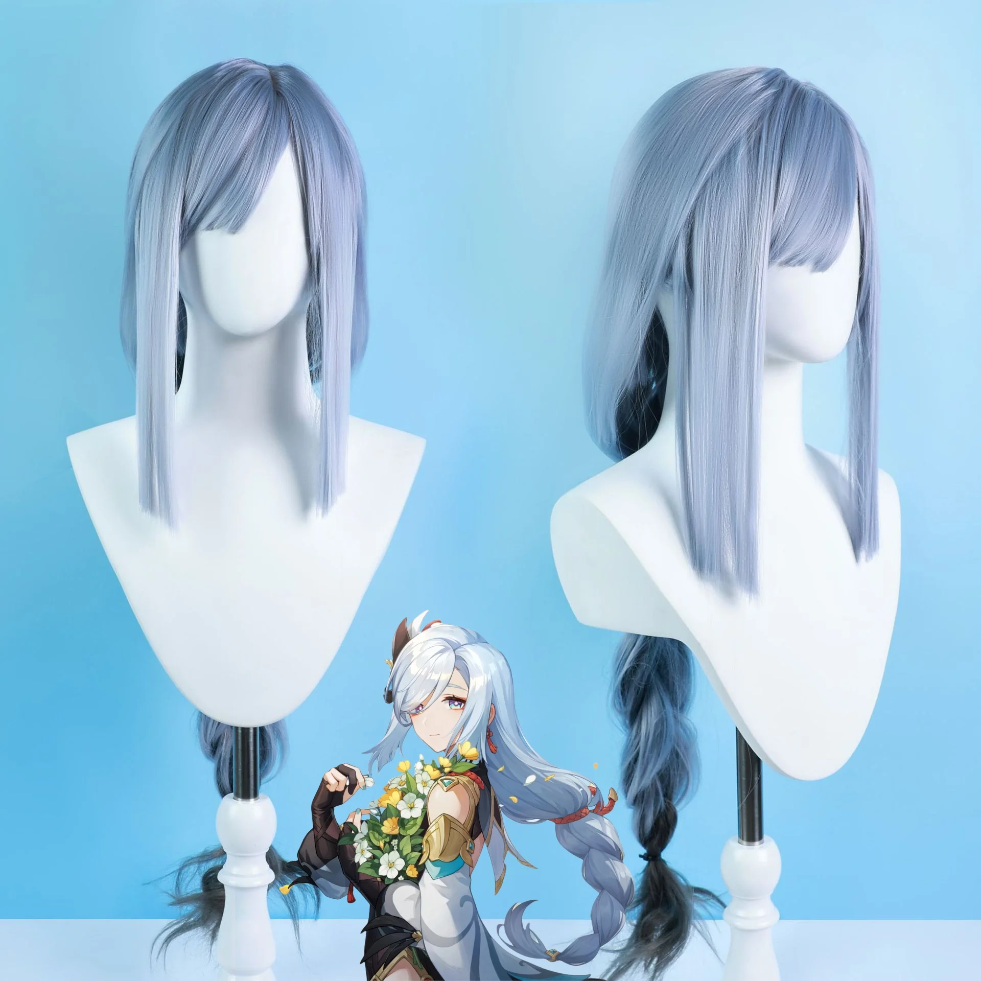 Shenhe Cosplay Genshin Impact Wig Pre Braided Wig Light Blue Gradient Long Hair Cosplay Shen He Wig+wig Cap