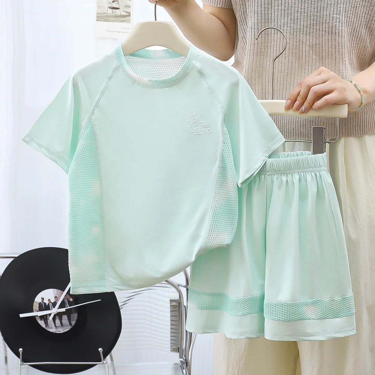 Children's Summer New Sunscreen Korean Style Splicing Mesh Short Sleeved Set Girls' Breathable Casual Sports Two-Piece Set