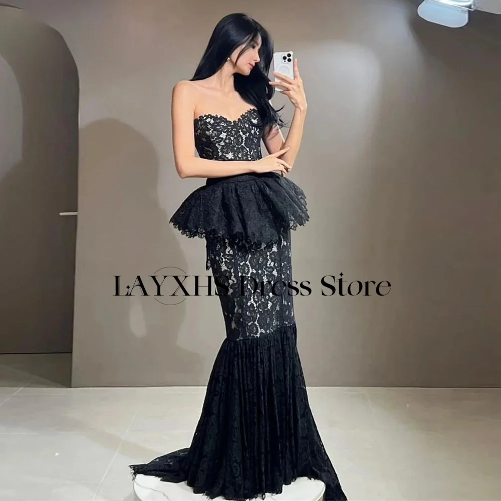 

LAYXHS Sexy Black Sweetheart Evening Dresses Mermaid Lace Ruffle Floor-Lenght Prom Dresses Customized فساتين سهرات