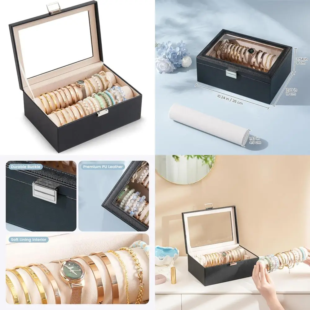 

Jewelry Organizer Box with Rods for Bangles and Watches, Clear Lid Storage Case for Women and Girls