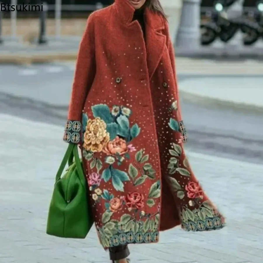 2026 Women's Warm Coats Long Sleeve Lapel Jackets Elegant Temperament Autumn Winter Loose Print Pockets Wool Coats Women Clothes