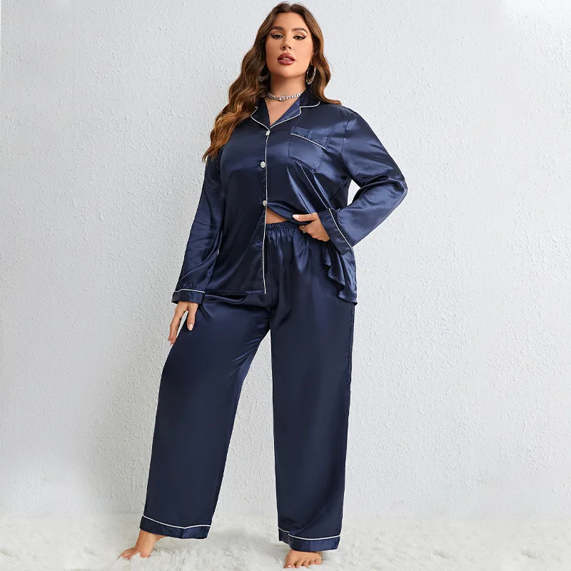 Solid Color Turn-down Collar Pajamas Cardigan Long Sleeved Top and Pants Set Thin Silk Imitation Nightgown Leisure Home Clothes